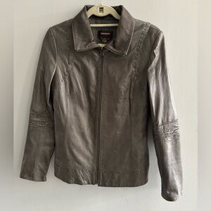 Danier Women's Gray Italian Leather Rouched Sleeves Decorative Stitching Jacket